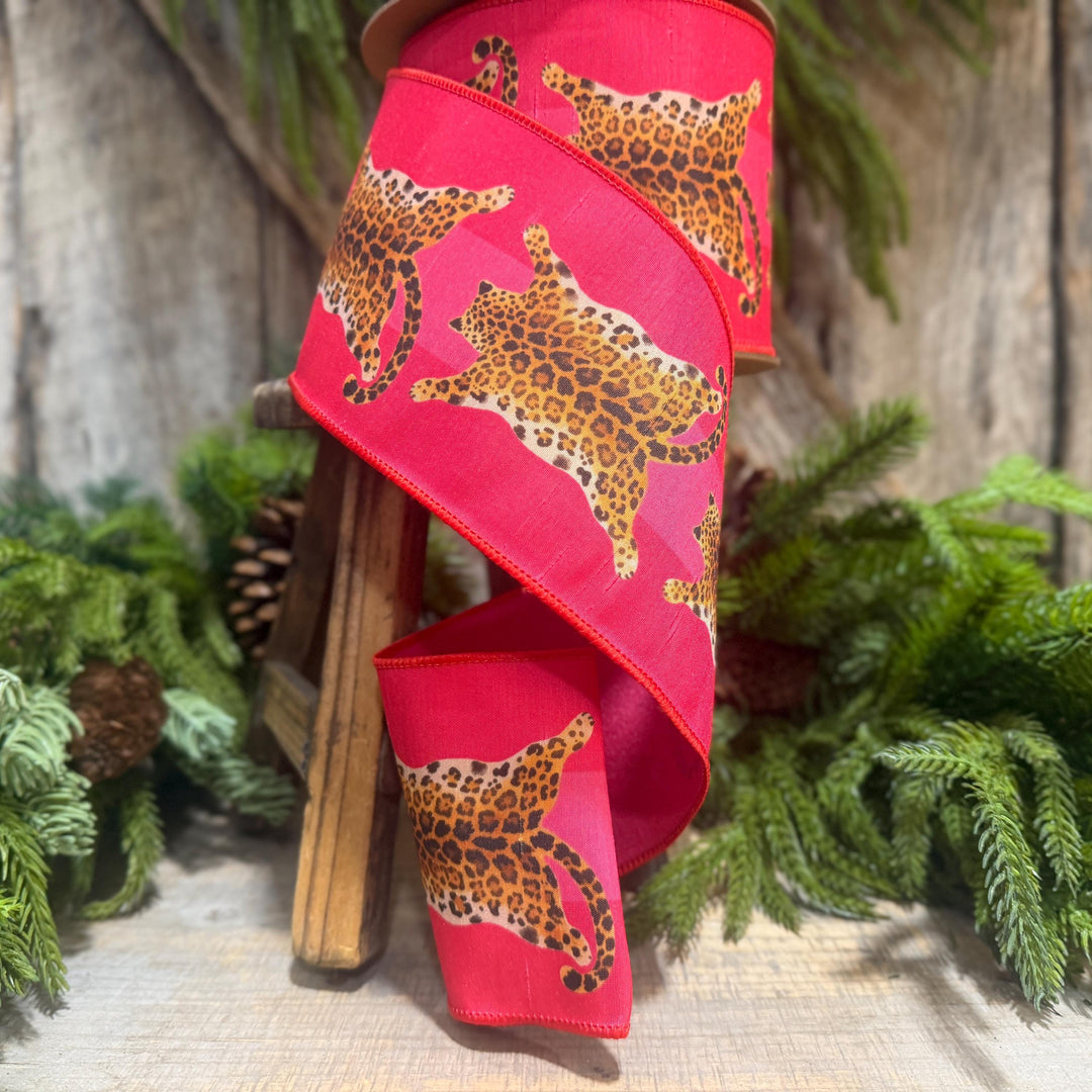 4" Tiger Rug Ribbon, Animal skin ribbon, Pink and Red