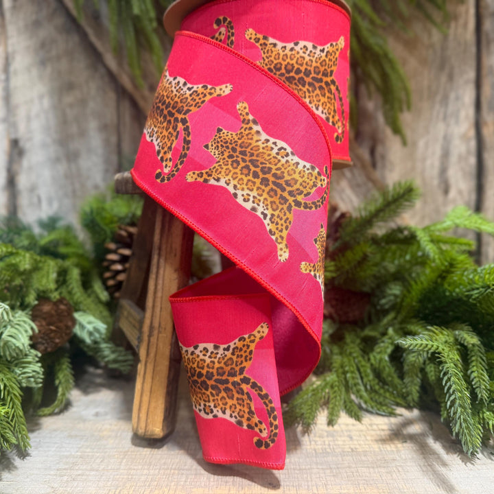 4" Tiger Rug Ribbon, Animal skin ribbon, Pink and Red