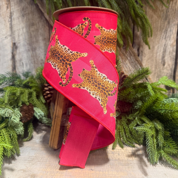 4" Tiger Rug Ribbon, Animal skin ribbon, Pink and Red