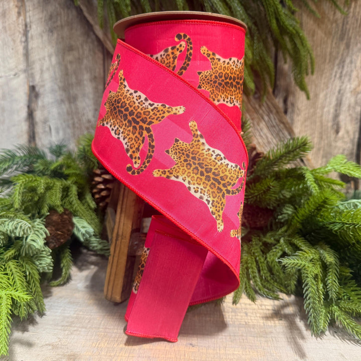 4" Tiger Rug Ribbon, Animal skin ribbon, Pink and Red
