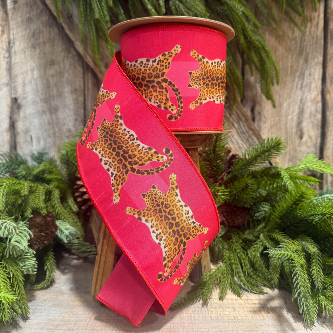 4" Tiger Rug Ribbon, Animal skin ribbon, Pink and Red