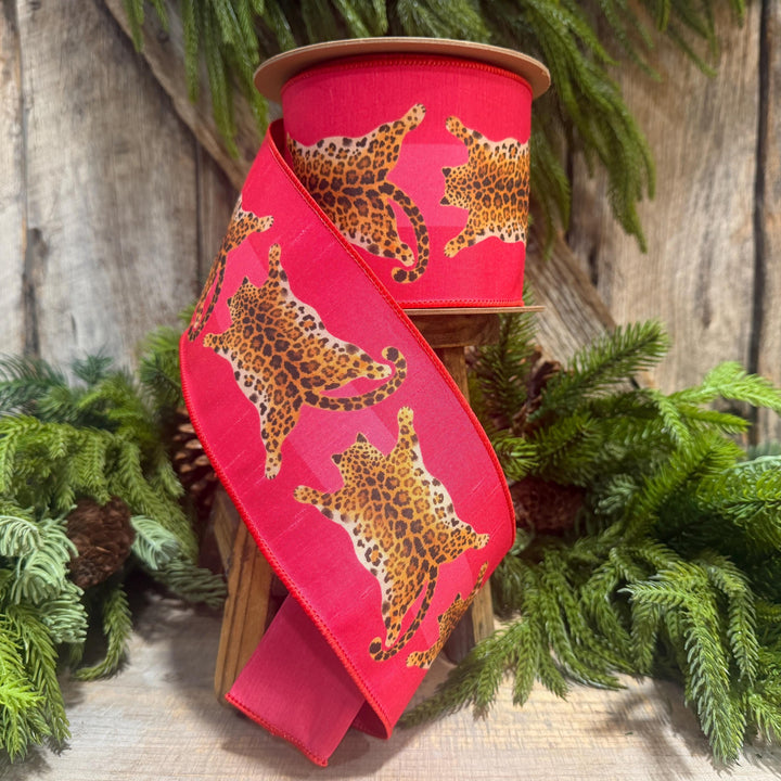 4" Tiger Rug Ribbon, Animal skin ribbon, Pink and Red