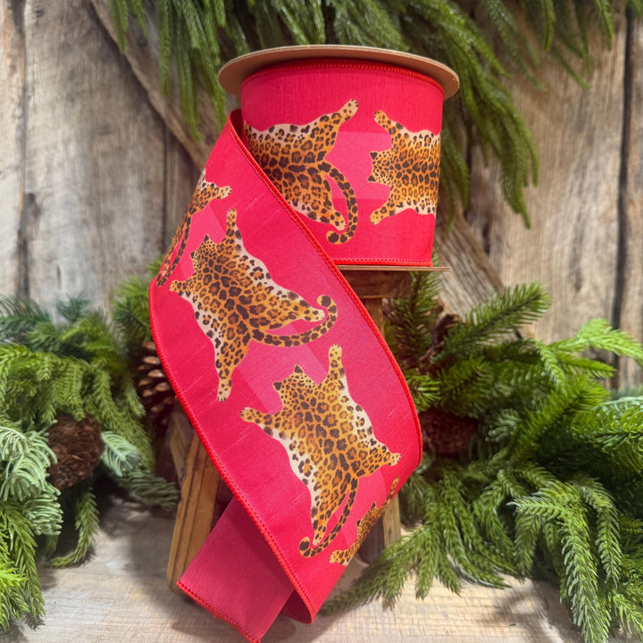 4" Tiger Rug Ribbon, Animal skin ribbon, Pink and Red