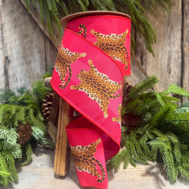 4" Tiger Rug Ribbon, Animal skin ribbon, Pink and Red