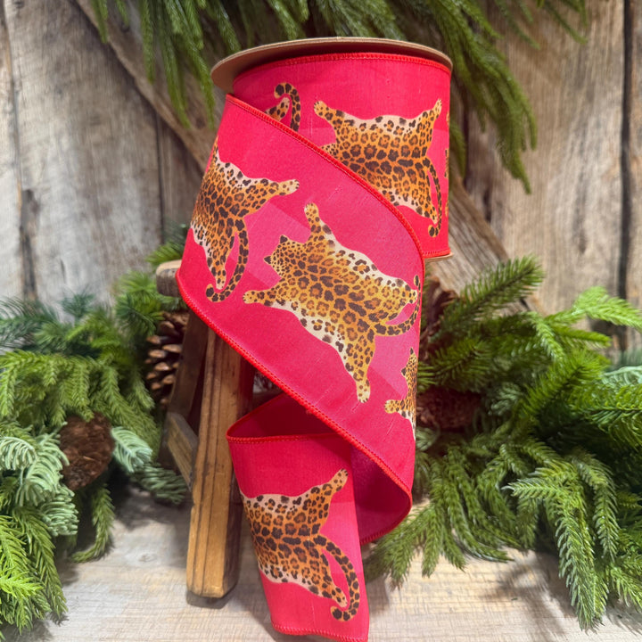 4" Tiger Rug Ribbon, Animal skin ribbon, Pink and Red