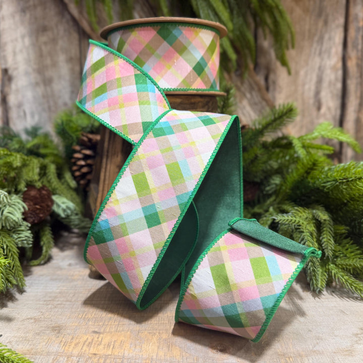 2.5 Inch Pink Green Plaid Wired Ribbon, Dupioni, 10 Yard Roll