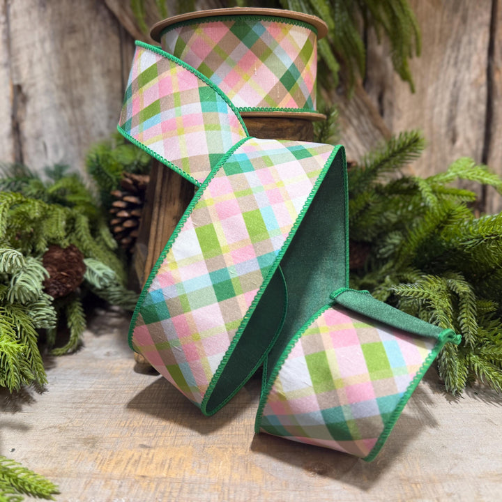 2.5 Inch Pink Green Plaid Wired Ribbon, Dupioni, 10 Yard Roll