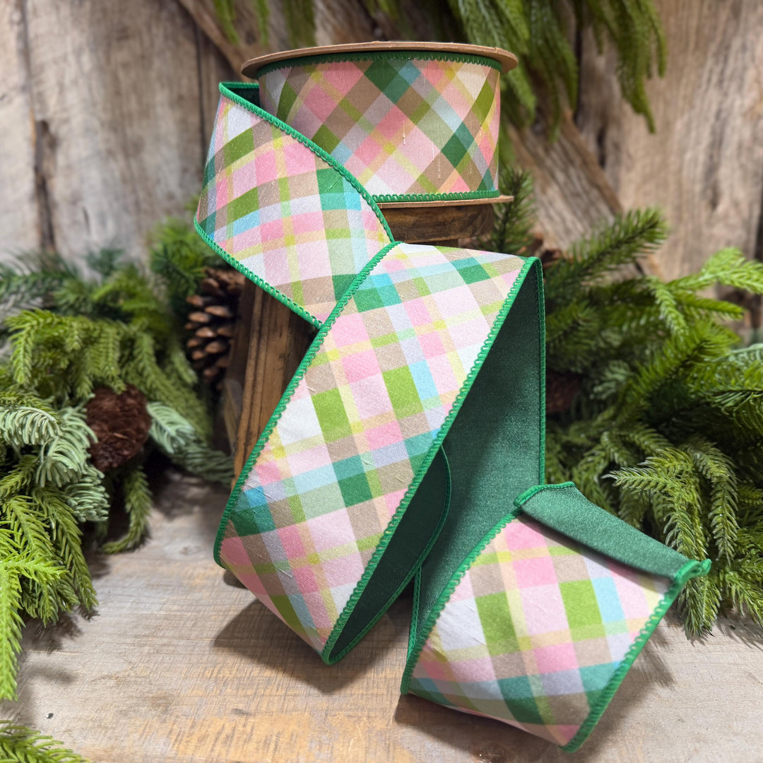 2.5 Inch Pink Green Plaid Wired Ribbon, Dupioni, 10 Yard Roll