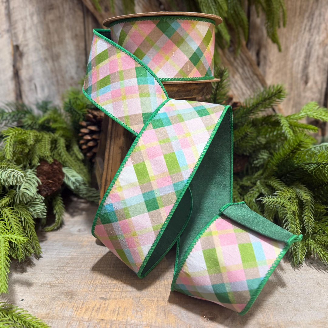 2.5 Inch Pink Green Plaid Wired Ribbon, Dupioni, 10 Yard Roll