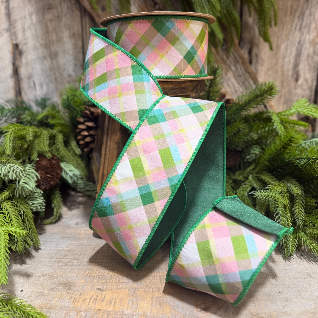 2.5 Inch Pink Green Plaid Wired Ribbon, Dupioni