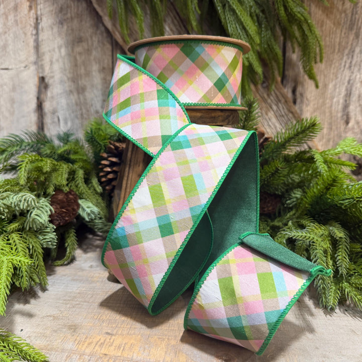 2.5 Inch Pink Green Plaid Wired Ribbon, Dupioni, 10 Yard Roll