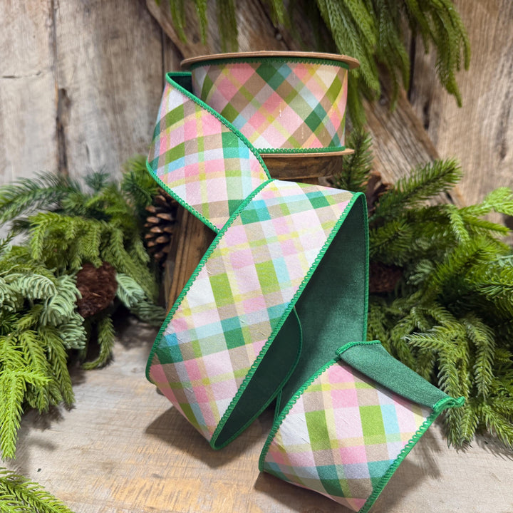 2.5 Inch Pink Green Plaid Wired Ribbon, Dupioni, 10 Yard Roll
