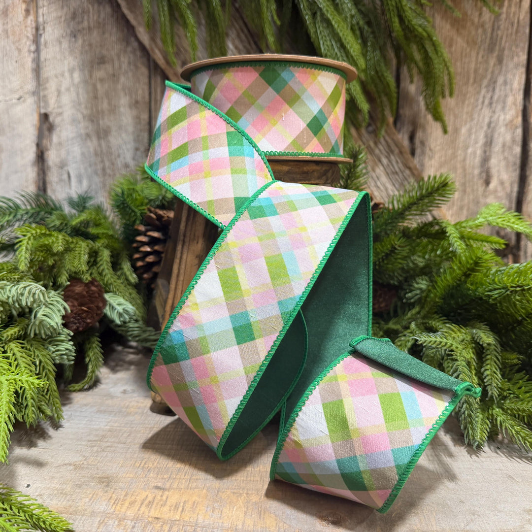 2.5 Inch Pink Green Plaid Wired Ribbon, Dupioni, 10 Yard Roll