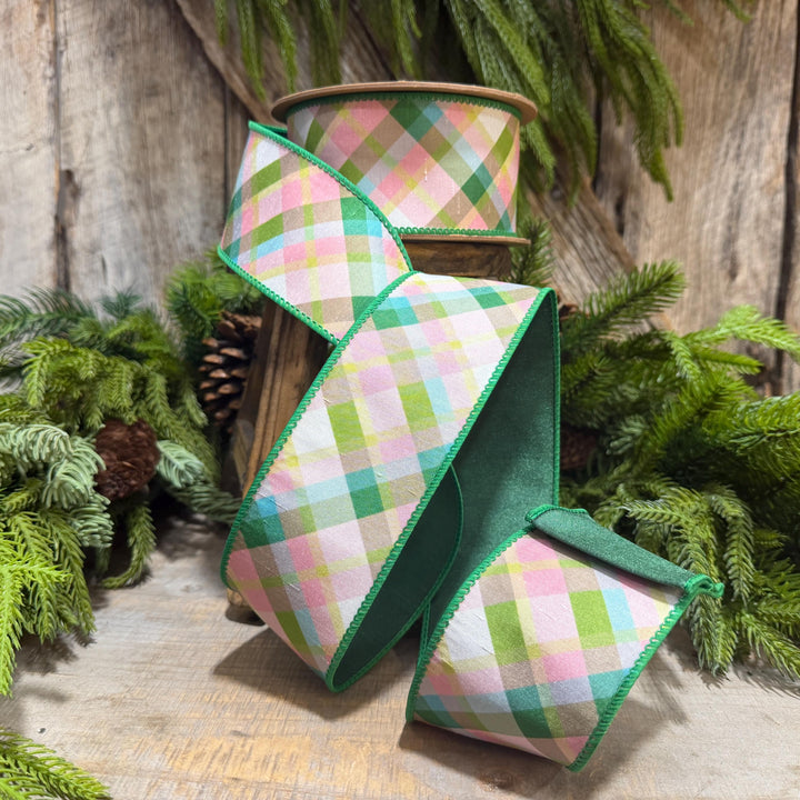 2.5 Inch Pink Green Plaid Wired Ribbon, Dupioni, 10 Yard Roll