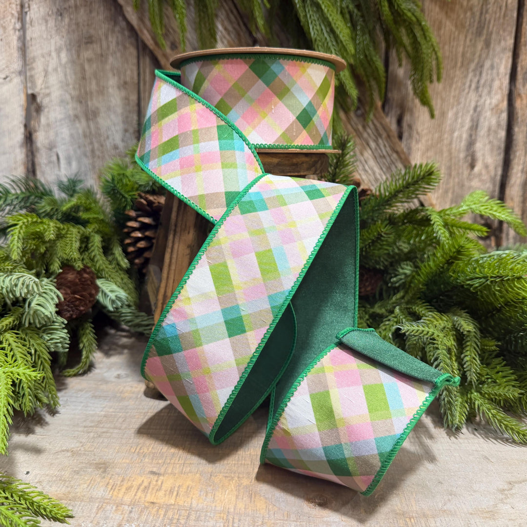 2.5 Inch Pink Green Plaid Wired Ribbon, Dupioni, 10 Yard Roll