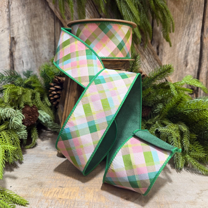 2.5 Inch Pink Green Plaid Wired Ribbon, Dupioni, 10 Yard Roll