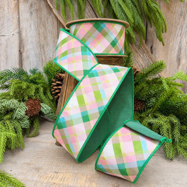 2.5 Inch Pink Green Plaid Wired Ribbon, Dupioni, 10 Yard Roll
