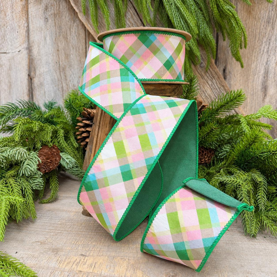 2.5 Inch Pink Green Plaid Wired Ribbon, Dupioni, 10 Yard Roll