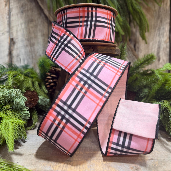 2.5 Inch Pink Fashion Plaid Wired Ribbon, Dupioni, 10 Yard Roll
