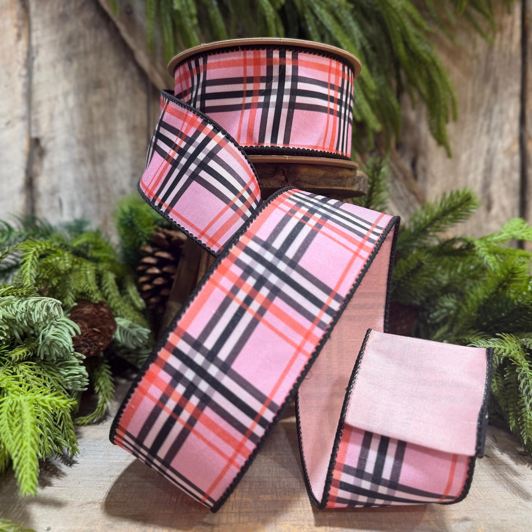 2.5 Inch Pink Fashion Plaid Wired Ribbon, Dupioni, 10 Yard Roll