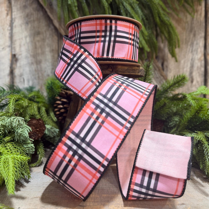 2.5 Inch Pink Fashion Plaid Wired Ribbon, Dupioni, 10 Yard Roll