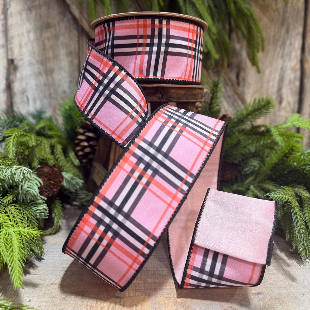 2.5 Inch Pink Fashion Plaid Wired Ribbon, Dupioni, 10 Yard Roll