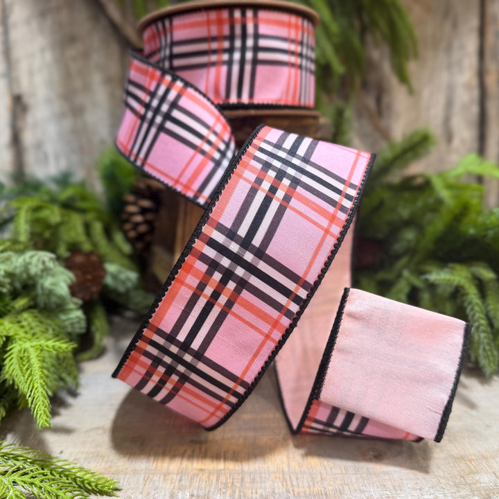 2.5 Inch Pink Fashion Plaid Wired Ribbon, Dupioni, 10 Yard Roll