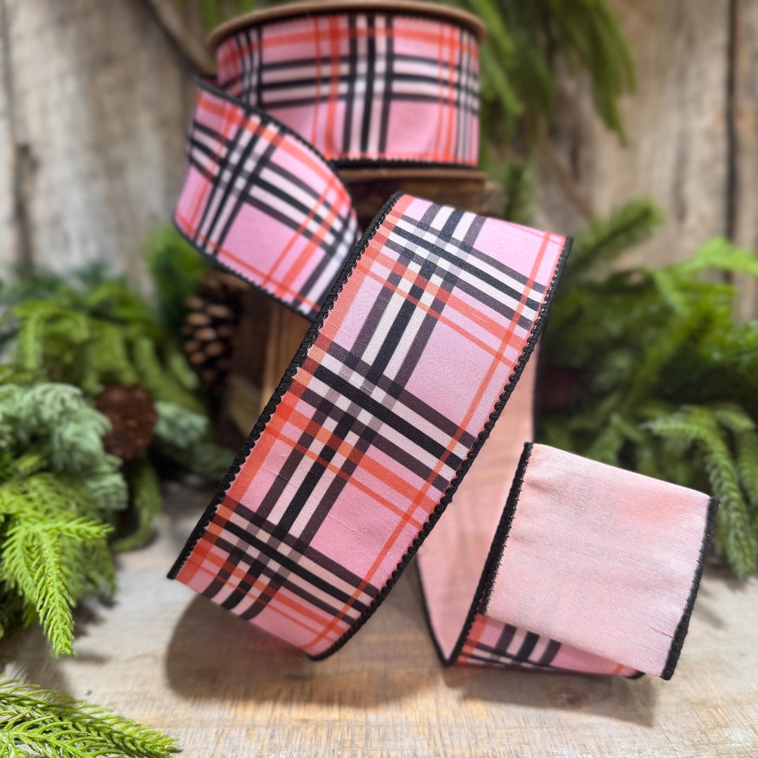 2.5 Inch Pink Fashion Plaid Wired Ribbon, Dupioni, 10 Yard Roll