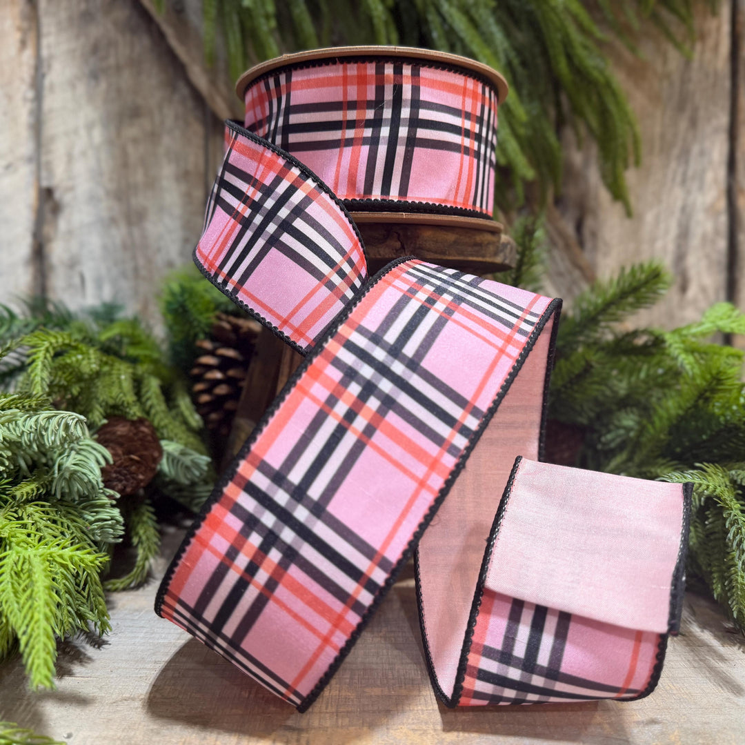 2.5 Inch Pink Fashion Plaid Wired Ribbon, Dupioni, 10 Yard Roll
