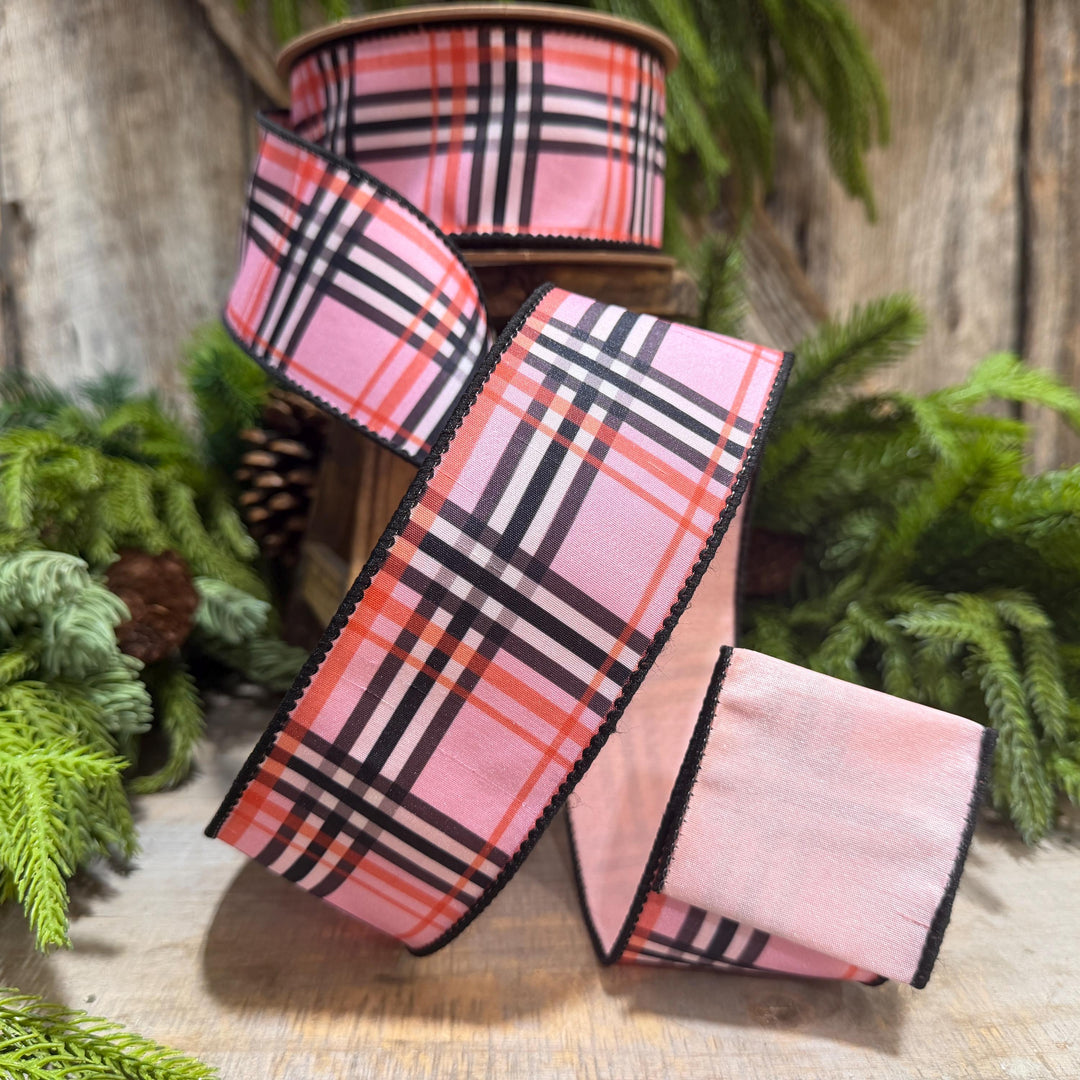 2.5 Inch Pink Fashion Plaid Wired Ribbon, Dupioni