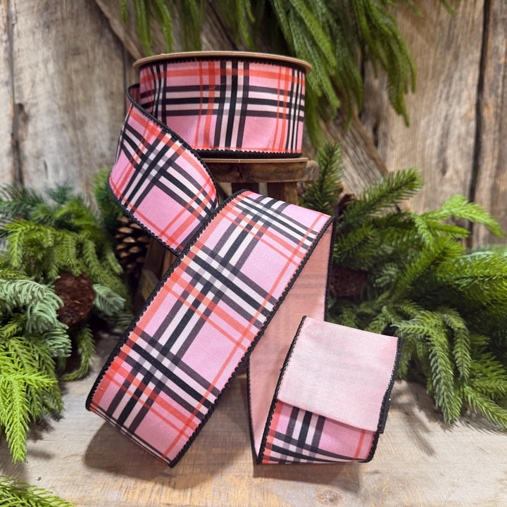 2.5 Inch Pink Fashion Plaid Wired Ribbon, Dupioni, 10 Yard Roll
