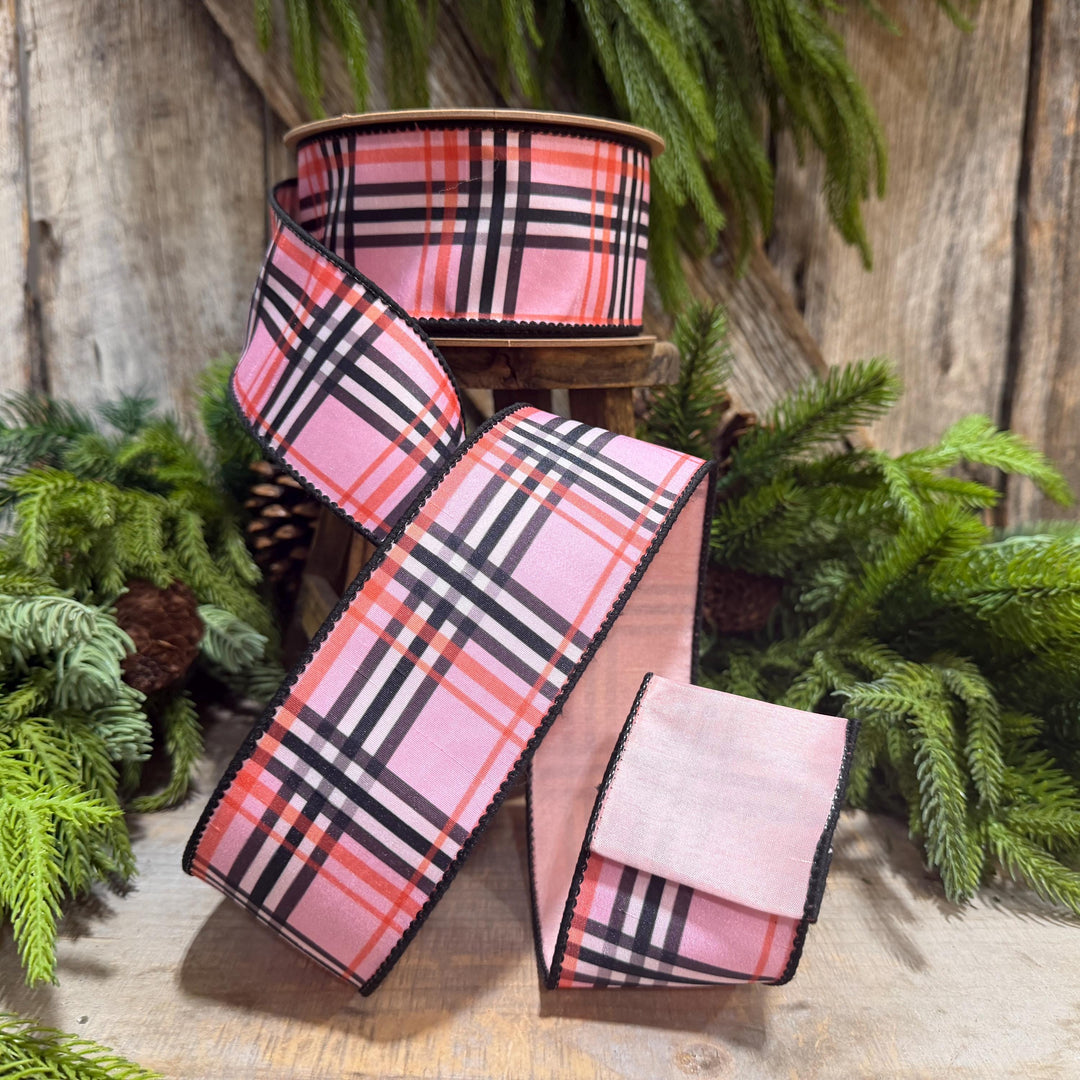2.5 Inch Pink Fashion Plaid Wired Ribbon, Dupioni