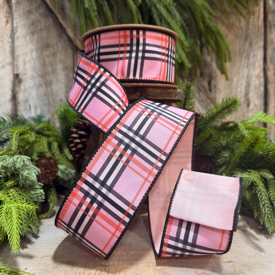2.5 Inch Pink Fashion Plaid Wired Ribbon, Dupioni, 10 Yard Roll