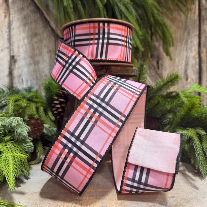 2.5 Inch Pink Fashion Plaid Wired Ribbon, Dupioni