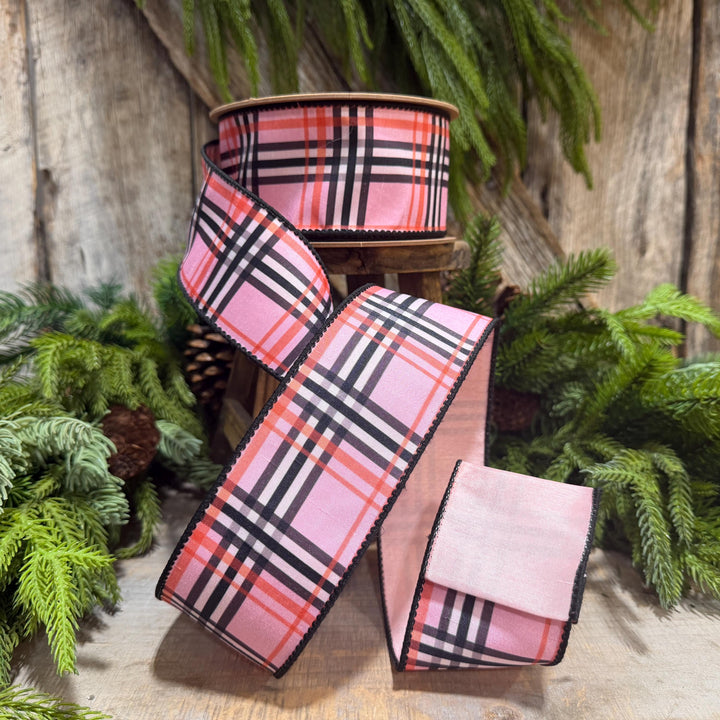 2.5 Inch Pink Fashion Plaid Wired Ribbon, Dupioni, 10 Yard Roll