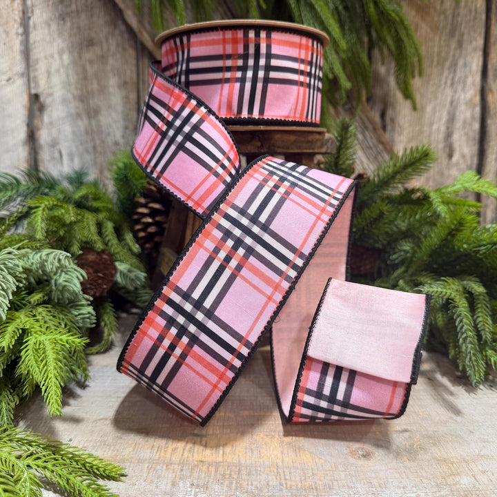 2.5 Inch Pink Fashion Plaid Wired Ribbon, Dupioni, 10 Yard Roll