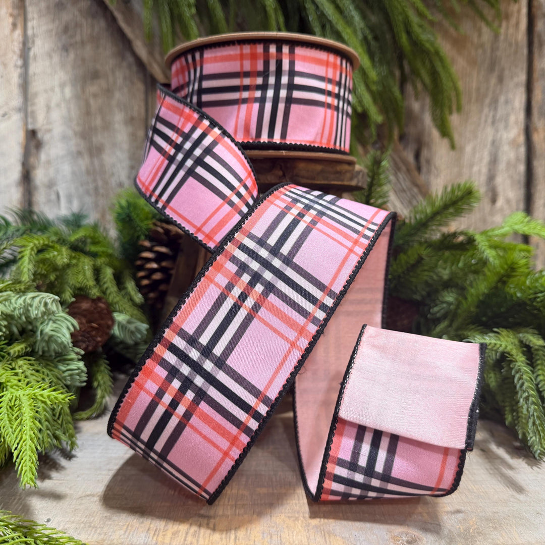 2.5 Inch Pink Fashion Plaid Wired Ribbon, Dupioni, 10 Yard Roll