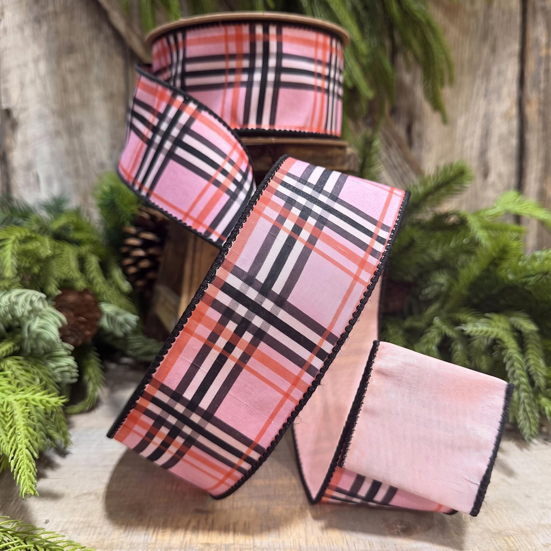 2.5 Inch Pink Fashion Plaid Wired Ribbon, Dupioni, 10 Yard Roll