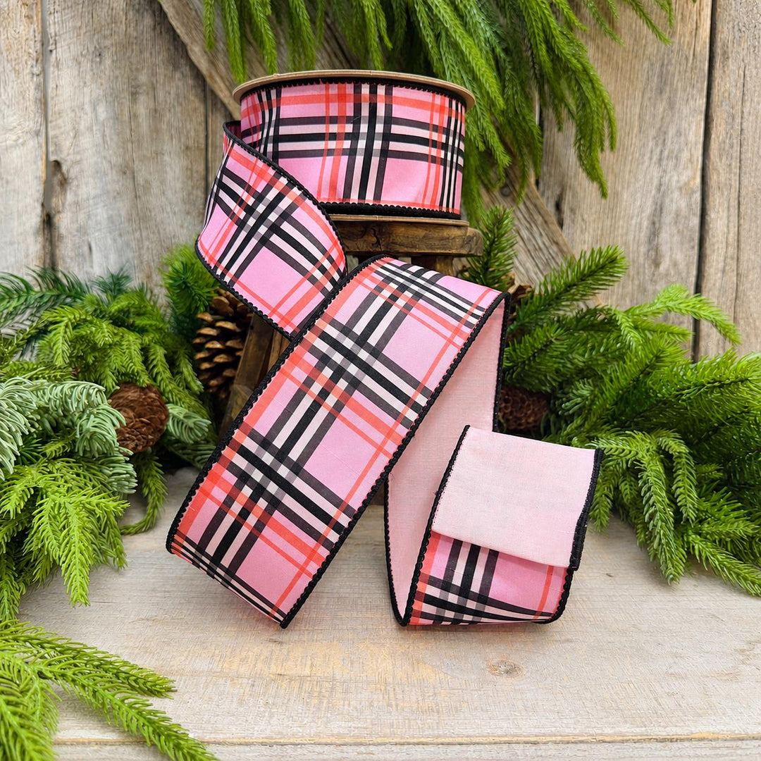 2.5 Inch Pink Fashion Plaid Wired Ribbon, Dupioni, 10 Yard Roll