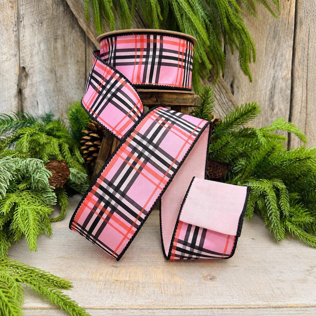2.5 Inch Pink Fashion Plaid Wired Ribbon, Dupioni