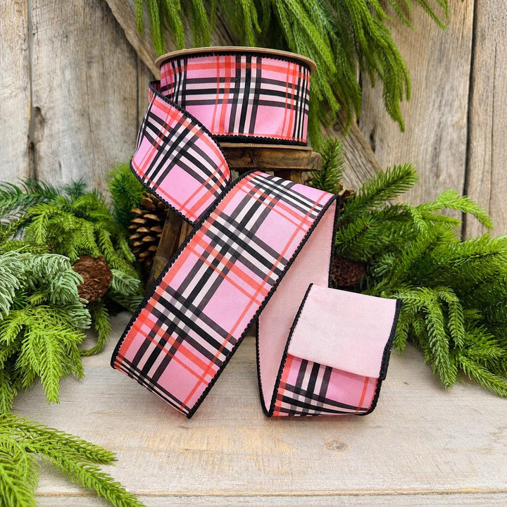 2.5 Inch Pink Fashion Plaid Wired Ribbon, Dupioni