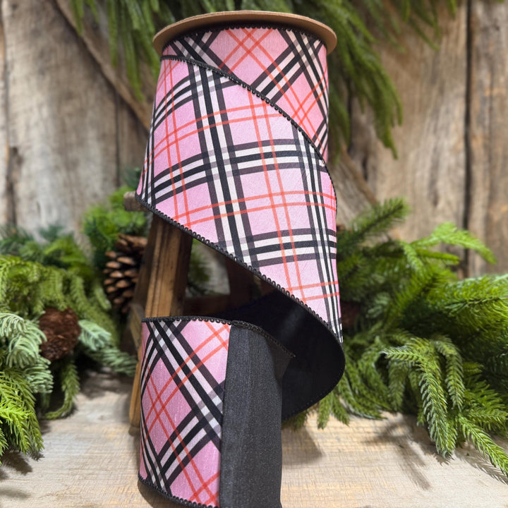 4" Pink Fashion Plaid Wired Ribbon, Dupioni, 10 Yard Roll