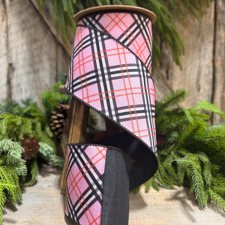 4" Pink Fashion Plaid Wired Ribbon, Dupioni, 10 Yard Roll