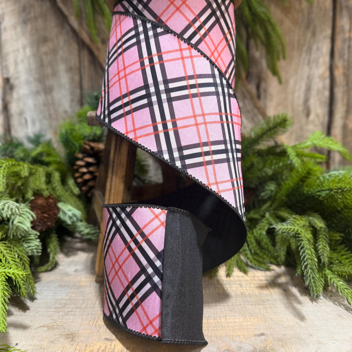4" Pink Fashion Plaid Wired Ribbon, Dupioni, 10 Yard Roll