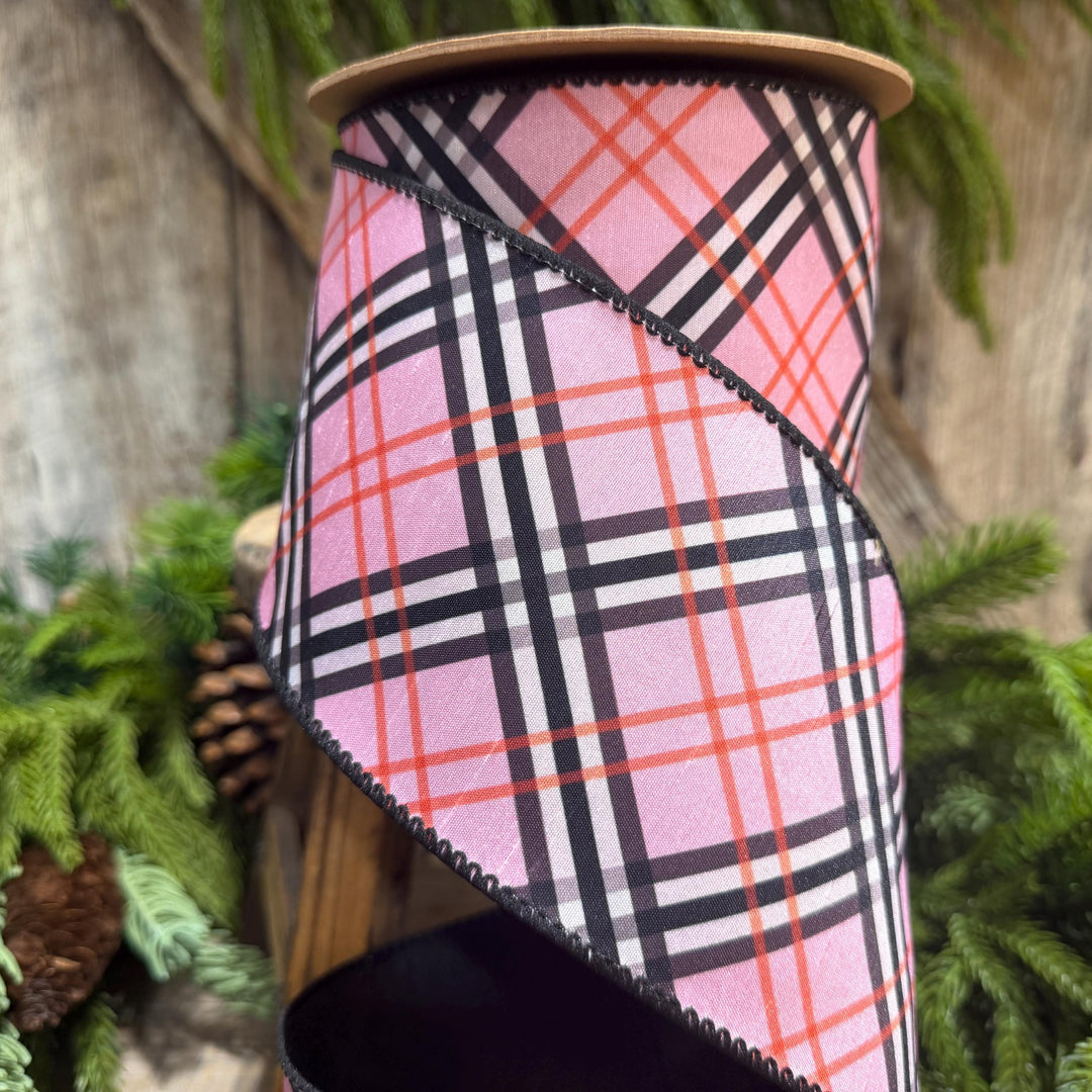 4" Pink Fashion Plaid Wired Ribbon, Dupioni, 10 Yard Roll
