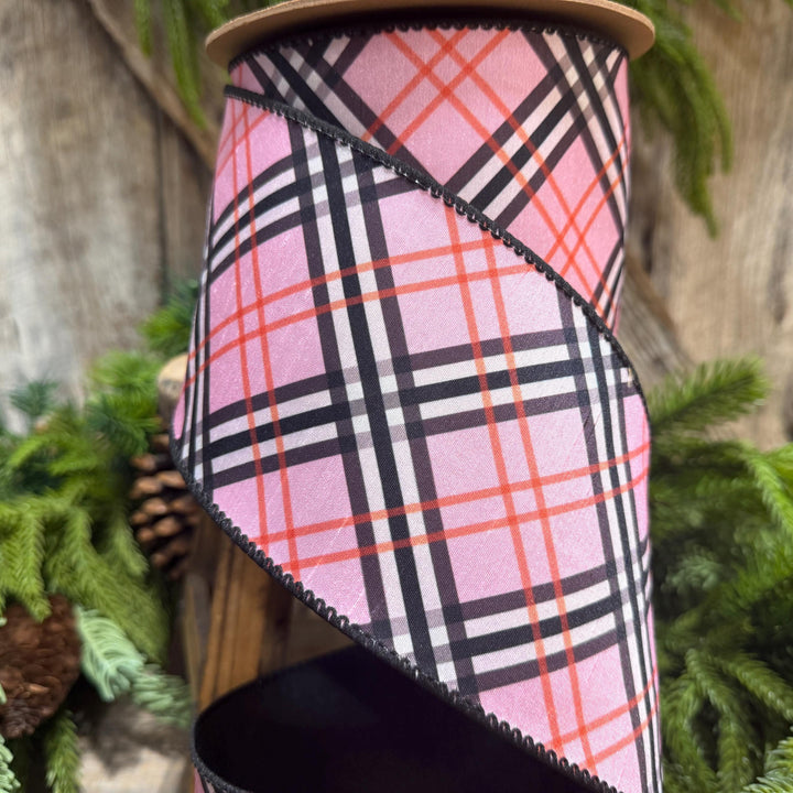 4" Pink Fashion Plaid Wired Ribbon, Dupioni, 10 Yard Roll
