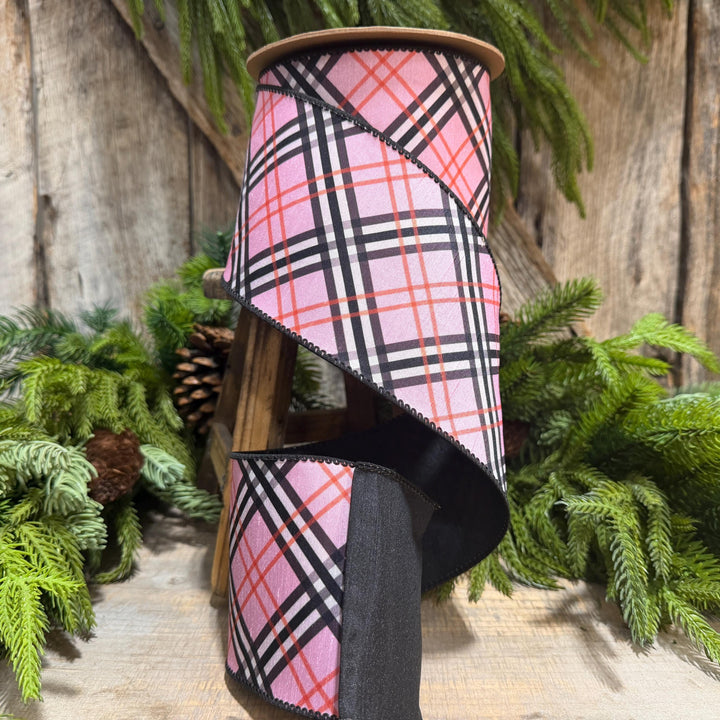 4" Pink Fashion Plaid Wired Ribbon, Dupioni, 10 Yard Roll