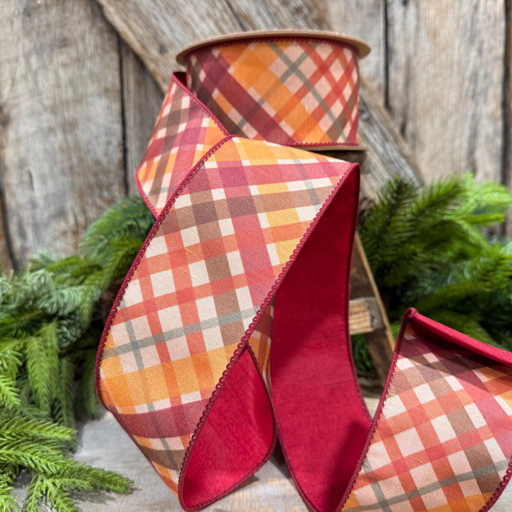 2.5 Inch Red Orange Plaid Wired Ribbon, Dupioni, 10 Yard Roll