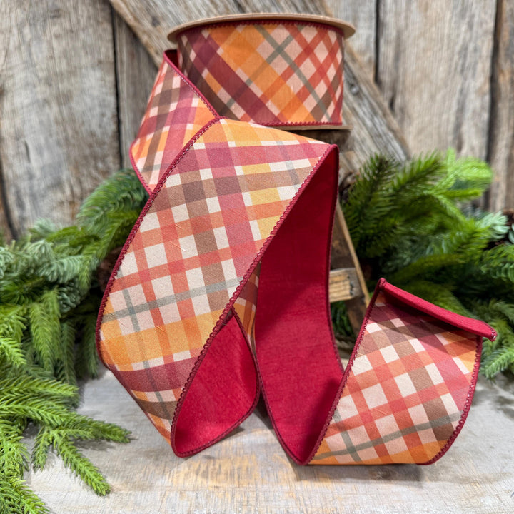 2.5 Inch Red Orange Plaid Wired Ribbon, Dupioni, 10 Yard Roll