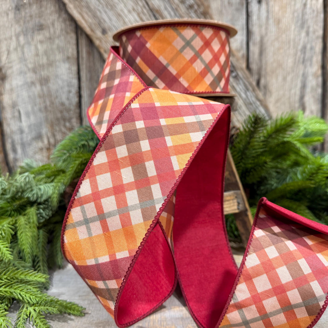 2.5 Inch Red Orange Plaid Wired Ribbon, Dupioni, 10 Yard Roll